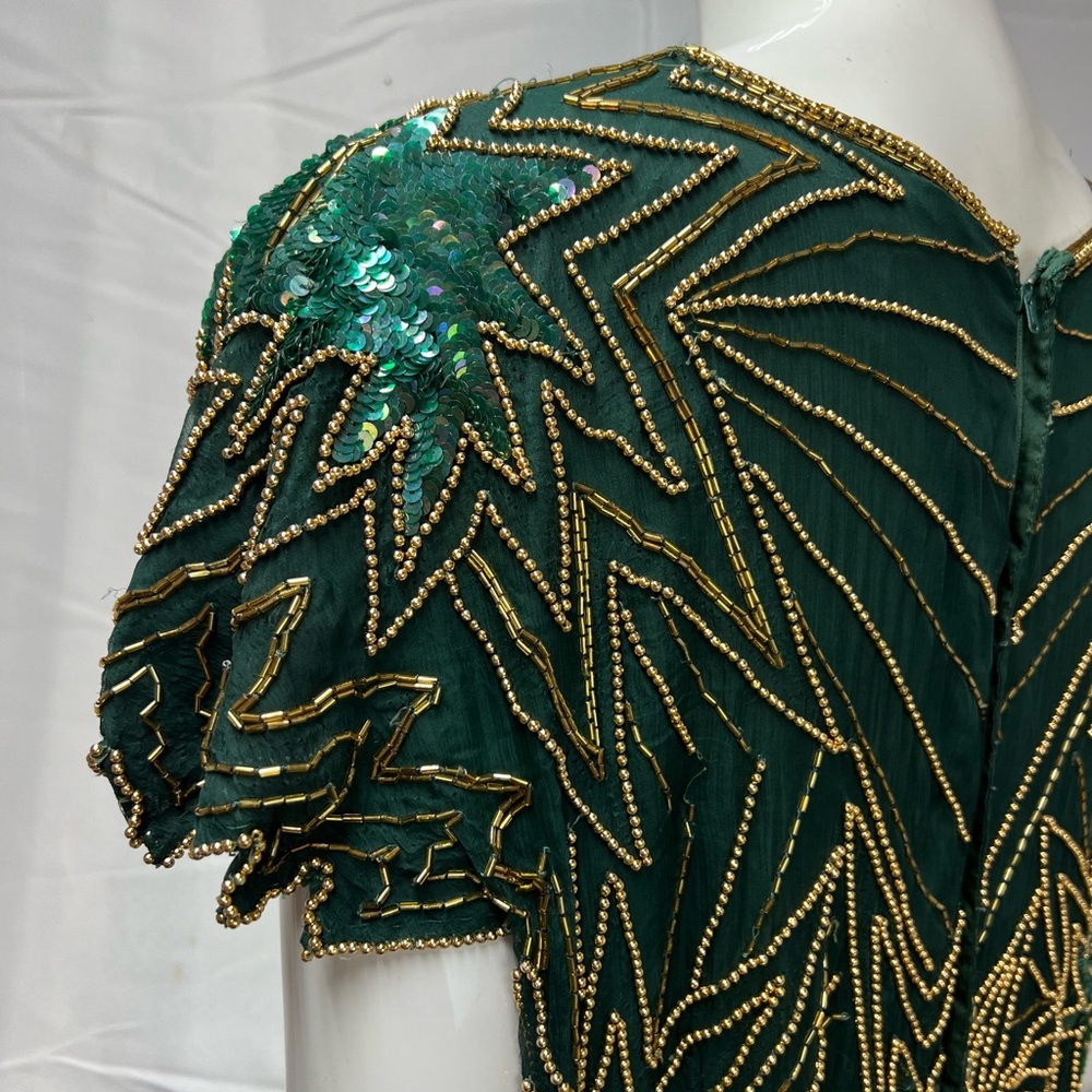 Vintage Green Silk Cap Sleeve Gold Sequins Beaded Long Gown 2X Dress Gown - Picture 3 of 7